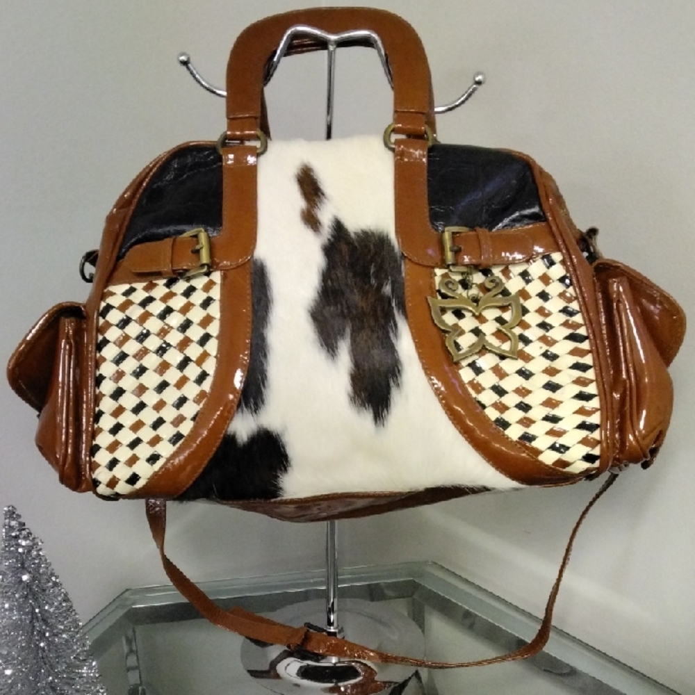 Women's Sharon Piligro Brown Patent Leather & Cow or Horse Hair Satchel Bag